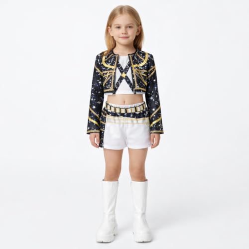 Image of Wanna Party Korean Pop Inspired Black & White Kids Costume, Size S, 3 Pcs Shimmery Stage Outfit with Jacket, Top & Shorts for Birthday Party, Dance Performance, Fancy Dress & Theme Event