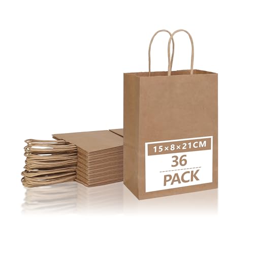 ELAKIRI Sacchetti Di Carta,36 Marrone Sacchetti Carta con Manici,Realizzati In Carta Kraft Da 120g/M²,Shopper Carta 15x8x21cm,Ecologici Riciclabili Buste Carta Kraft per Varie Feste Party Shopping