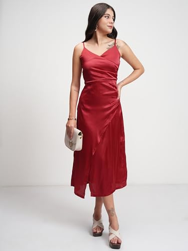 Image of Tokyo Talkies Womens Satin Overlapping Midi Dress | Strappy Silhouette & Luxe Finish | Elegant & Chic for Any Occasion | Dress for Women | Women Dress | Stylish Women Dress