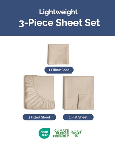 Image of Lightweight 3 Piece Bed Sheet Set Twin Size - Cooling Sheets for Hot Sleepers - Soft Breathable Bedding Set w / 8-16 Inch Deep Pockets - 1 Flat & 1 Fitted and 1 Pillowcase - Wrinkle Resistant - Wheat