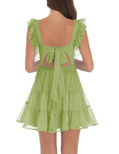 Image of Women's Summer Square Neck Tie Back Ruffle Sleeve Tiered Casual A-Line Short Mini Dress