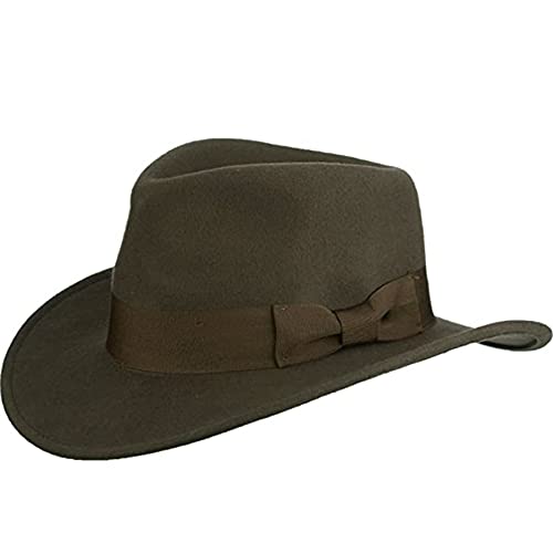 Epoch hats Indiana Jones Style Men's Wool Felt Outback Fedora with Grosgrain or Faux Leather Band (S/M, HE01 Olive)