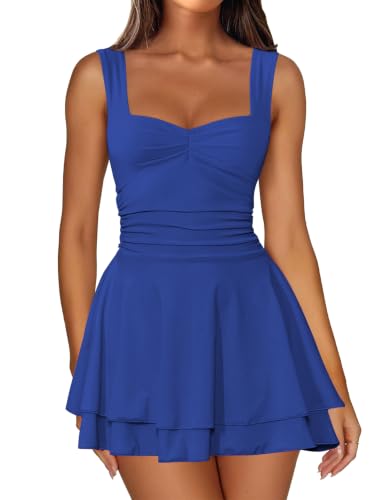 Image of IWD Women's Square Neck Sleeveless Mini Dress Ruched Waist Tiered Ruffle Hem A Line Short Dresses