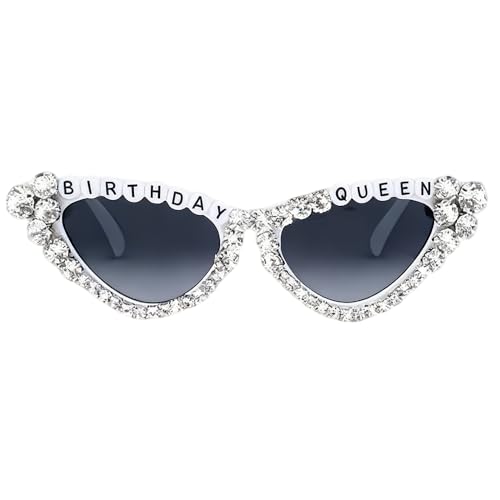 Filsliy Birthday Sunglasses Women Sparkly Rhinestone Fancy Dress Eyewear Novelty Party Glasses White Crystal Cat Eye Shades for 18th 21st 30th Celebrations Photo Booth Props Decoration Accessories