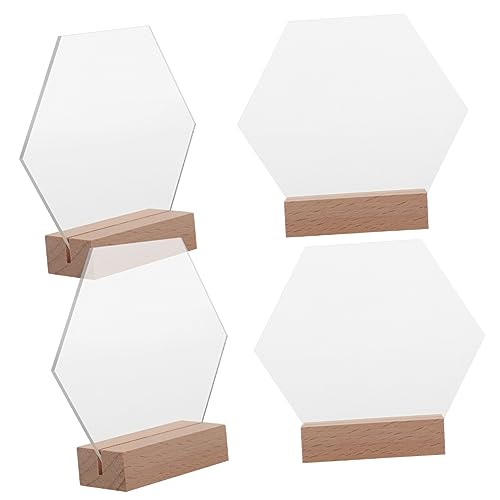 MUCKLILY 4 pcs Clear Hexagon Acrylic Sign Blank Table Signs with Wood Stand for Weddings Parties and Events DIY Table Holders for Cafes and Restaurants