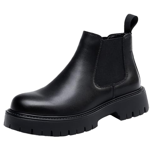 Men's Genuine Leather Slip On Chunky Platform Chelsea Boots Luxury Round Toe lug sole Work Dress boots Casual Non Slip Ankle Boots