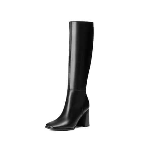 vivianly Knee High Boots for Women Platform Square Toe Chunky Heel Wide Calf Gogo Boots with Side ZIpper Long Boots