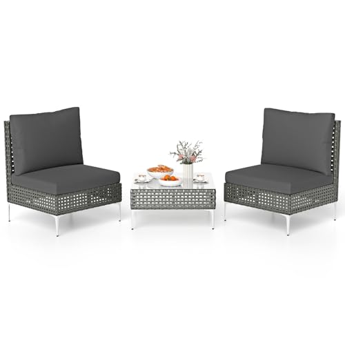 COSTWAY Conjunto Jardin Exterior 3 Piezas de Ratan PE, 2 Sillones con Cojines Lavables y Mesa de Vidrio Templado, Muebles Jardin Terraza Balcon Exterior