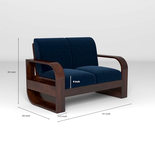 Image of Solid Sheesham Wooden 2 Seater Sofa Set with Blue Cushion for Living Room Furniture - Walnut Finish
