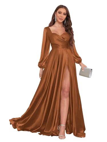 Long Sleeve Satin Bridesmaid Dresses for Women with Pockets V Neck Pleated Formal Evening Gowns4
