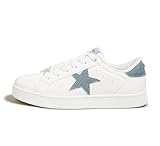 LUCKY STEP Women's Fashion Star Sneaker Lace Up Low Top Comfortable Cushioned Walking Shoes(White/Denim Blue PU,9B(M) US)