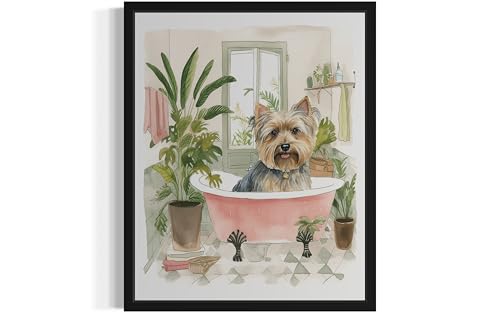 Image of Yorkshire Terrier in Bathtub Black Framed Wall Art Poster Print, Animal Bathtub Restroom Wall Art Painting for Bathroom Decor Gallery Gallery 30 (Yorkshire Terrier in Bathtub, 10 inchL x 8 inchW, Black Frame)
