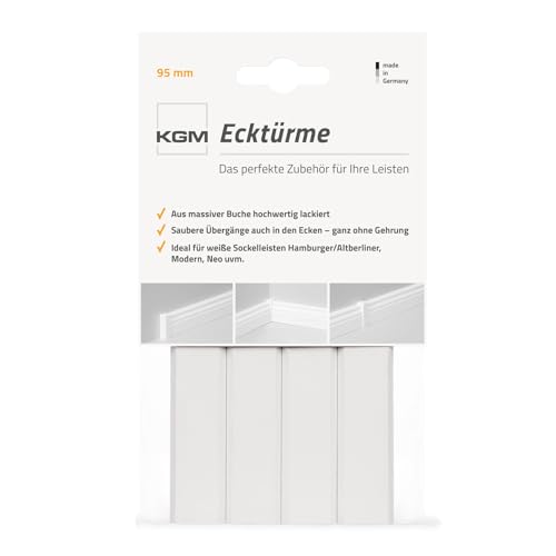 KGM 4x Eckturm Vorteilspack – Weiß lackierte Innen-, Außenecke oder Verbinder zwischen den Sockelleisten – Auch als Endkappe, Abschluss & Endstück geeignet – Maße: 21 x 21 x 95 mm – 4 Stück
