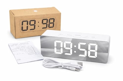 Image of LED Mirror Display Clock with Alarm, Snooze, and Adjustable Light, USB Powered, White