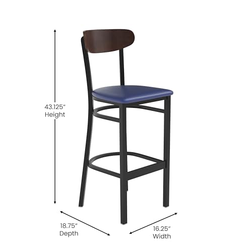Image of Flash Furniture Wright Commercial Barstool - Walnut Finish Wood Boomerang Back - Blue Vinyl Seat - 500 LB. Capacity Black Steel Frame - Integrated Footrest