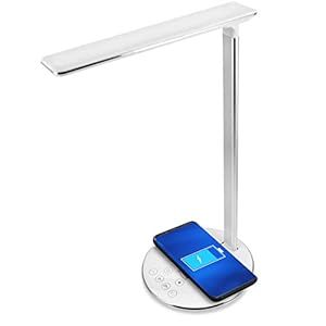 Bureaulamp LED T300 tafellamp met draadloos opladen, 9 V, 5 dimbaar, 2 kleurniveaus, touch-modi, 48 LED’s, Android iOS adapter QC 3.0 gecertificeerd (wit)