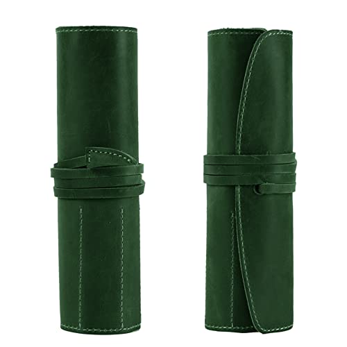Image of Vintage Genuine Leather Pencil Roll - Pencil Storage Case /Pouch Organizer Handmade (Green)