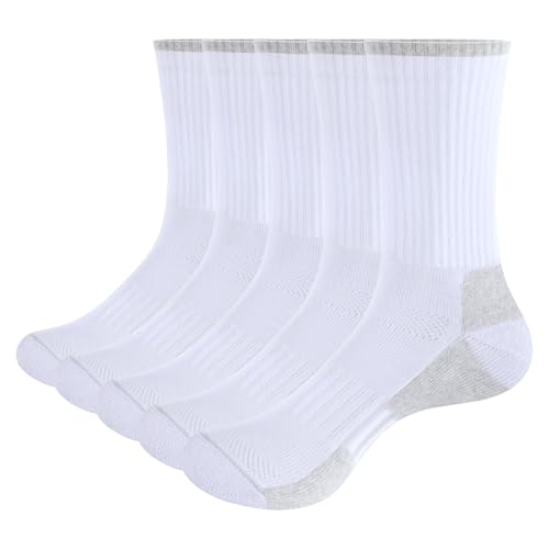 YUEDGE Ladies White Cushioned Crew Socks for Women Size 6-9, Sweat Wicking Anti-Odor Gym Tennis Running Cycling Training Sports Socks, 5 Pairs