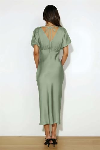 Image of Summer Satin V Neck Puffy Sleeves Empire Waist Midi Dresser Silk Sexy Tie Back Formal Cocktail Dresser for Women Wedding