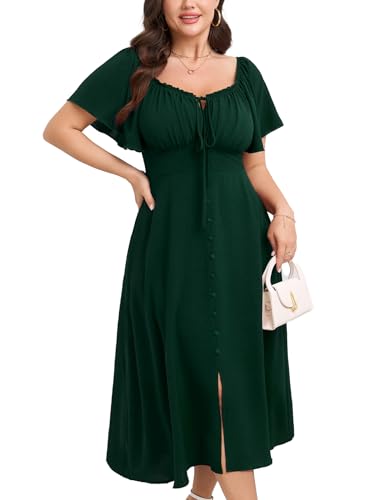 HICISI Womens Plus Size Dress Square Neck Smocked Button Down Tie Front Split A-Line Maxi Long Dresses Emerald Green