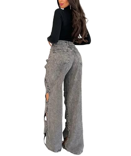 Sexyshine Women's Hollow Out Baggy Jeans Y2k High Waist Criss Cross See Through Straight Wide Leg Denim Pants4