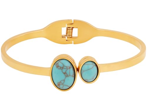 MINACHI Bohemian Retro Stainless Steel Created Turquoise Inlaid Round Plate Design Bangle Bracelet For Women