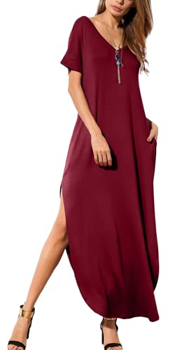 Image of GRECERELLE Women's Summer Maxi Dress Casual Loose V Neck Short Sleeve Side Split Long Dresses with Functional Pockets