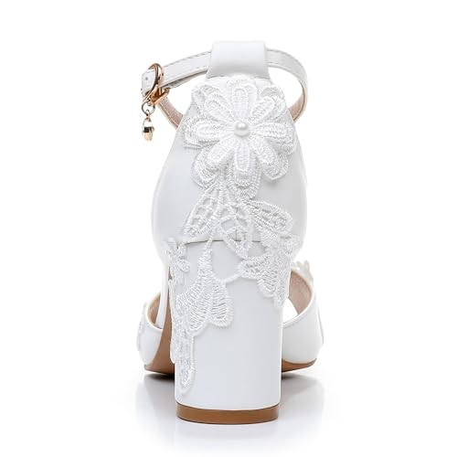 3 Inches Women Thick High Heels Bride Sandals White Floral Lace Pumps Wedding Shoes2