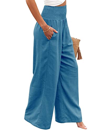 Womens Linen Pants Boho Wide Leg Lounge Pant High Waist Palazzo Pant Summer Beach Trousers Travel Vacation Outfits4