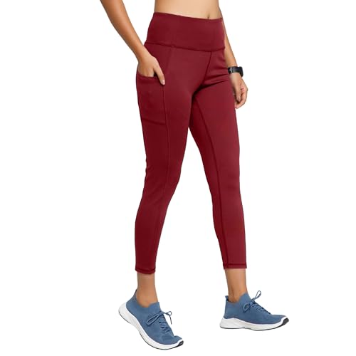 RIYU High Waisted Leggings for Women with Pockets | Workout and Yoga Leggings | Women's Athletic Leggings for Petite Sizes Wine