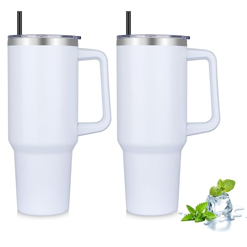 MURBONE Vasos térmicos de acero inoxidable de doble pared de 1200 ml, con asa, taza de café, taza de café, taza de café portátil a prueba de fugas, taza de viaje portátil con pajita y tapa (juego de