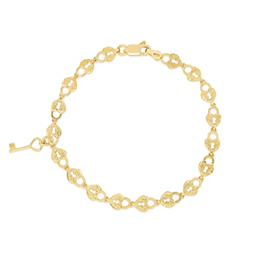 Floreo 10k Yellow Gold Textured Finish Heart Shape Lock and Key Link Charm Bracelet