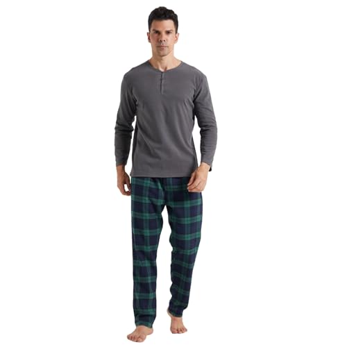 LANBAOSI Pajamas for Men Set Long Sleeve Henley Microfleece Shirt Plaid Flannel Pants Comfy Pjs Sleepwear Plush Loungewear Green X-Large