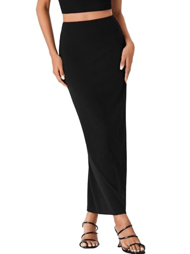 Rooscier Women's Bodycon Ribbed Knit Skirt Pencil Skirt Split Back Elastic High Waisted Maxi Long Skirt4