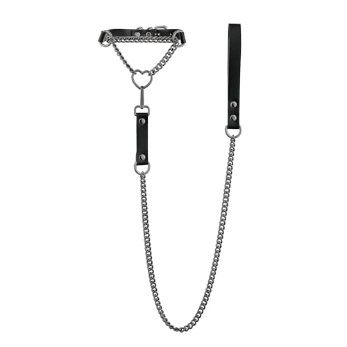 Heart O-ring Leather Choker Necklace For Women, Punk Gothic Black/Pink Slip Chain Necklace with Vegan Leather Swivel Clasp