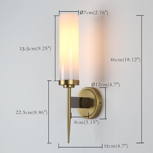Image of PERMO Vintage Wall Sconce Gold Sconces with 2.8 inch Cylindrical White Glass Shade Hardwired Sconces for Bathroom Living Room Entryway Home Office