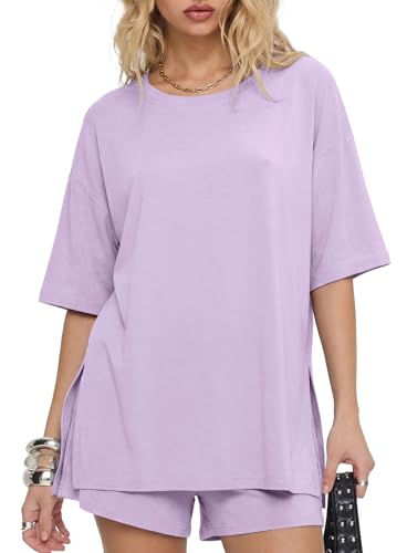 Image of Darong Women's 2 Piece Shorts Set Loungewear | oversized tshirts,crew neck top,drawstring shorts,elastic waist, side pockets,summer travel outfits