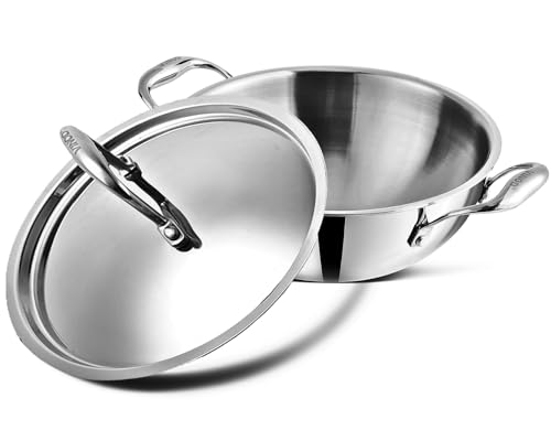 Vinod Platinum Triply Stainless Steel Extra Deep Kadai with Lid - 2.5 L, 22 cm | 2.5mm Thick Base, Even Heating, Less Oil Healthy Cooking, Heavy Bottom Induction Cookware Kadhai for Cooking & Frying
