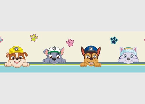 AG Design AWBD 8008 - Cenefa autoadhesiva de la Patrulla Canina con texto en alemán 'Sei Glücklich', decoración de pared para niños y niñas, multicolor, ancho 500 cm x alto 14 cm