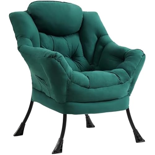 Furlide Lazy Chair for Living Room, Modern Accent Chairs with Armrests, Dark Green Armchairs with Side Pocket, Cozy Lazy Sofa for Reading, Balcony, Bedroom, Dorm, Small Spaces