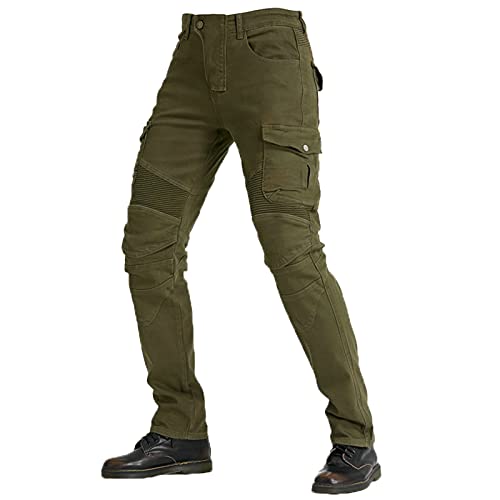 KaloKLU - Pantalones de protección de moto para hombre, fabricados con tejido Kevlar, de mezclilla transpirable, forrado, reforzado, extraíble, acolchado blindado, verde caqui, S