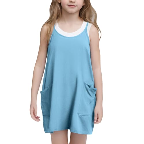 Girls Dress Casual Summer Spaghetti Straps One Piece Romper Dresses with Pockets Sleeveless Athletic Tank Tennis Dress