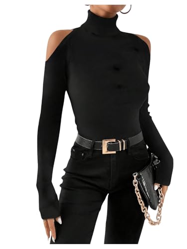 Women's Turtleneck Cut Out Cold Shoulder Tee Tops Long Sleeve Slim Fit Casual Basic T Shirt