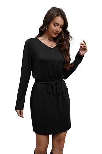 OFEEFAN Fall Dresses for Women 2025 Loose V Neck Long Sleeve T Shirts Casual Sundresses Tie Front A-Line Dresses4