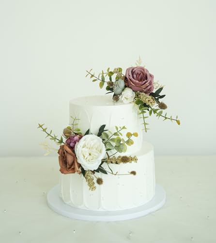 Decoración para pastel de boda con flores artificiales blancas y marrones miniatura 2