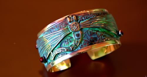 Elaine Coyne Collectible Artwear Verdigris Patina Solid Brass Decorative Dragonfly Cuff - Genuine Garnet2