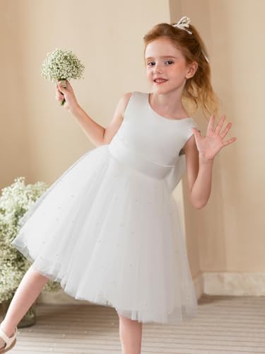 Girls Pearls Satin Tulle Flower Girl Dresses for Wedding Party Crewneck First Communion Dress with Bow3