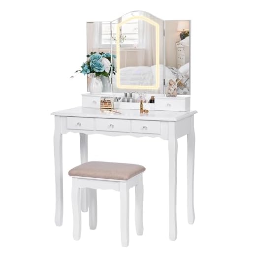 BEWISHOME Vanity Desk with Mirror and Lights, Makeup Vanity with Lights, White Vanity Set with Tri-Folding Mirror with 3 Colors Modes, Makeup Table Makeup Desk Dressing Table Vanity Table FST16W