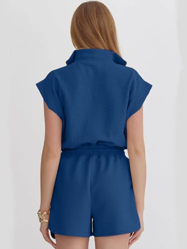 Image of Rompers for Women Summer Short Sleeve Half Zip Lapel Collar Jumpsuit Casual Drawstring One Piece Outfits with Pockets