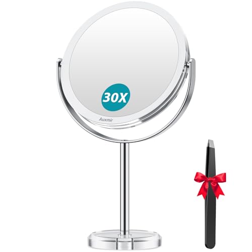 Auxmir Espejo Maquillaje con Aumento 30X / 1X, Espejo de Mesa Baño Doble Cara, Giratorio 360° para Maquillaje, Afeitado, Depilación Cejas y Cuidado Facial